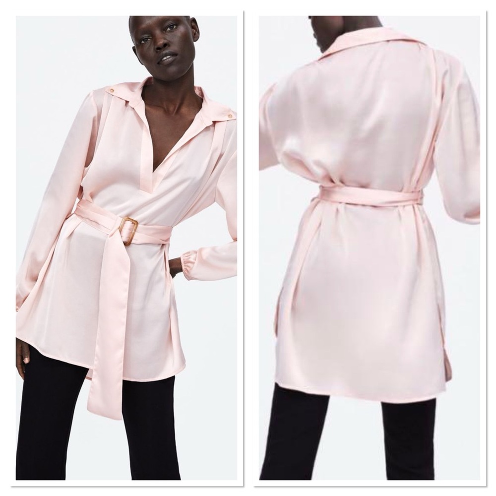 ZARA Flowy Satin effect Baby Pink Belted Blouse Tunic Top Size XS NWT